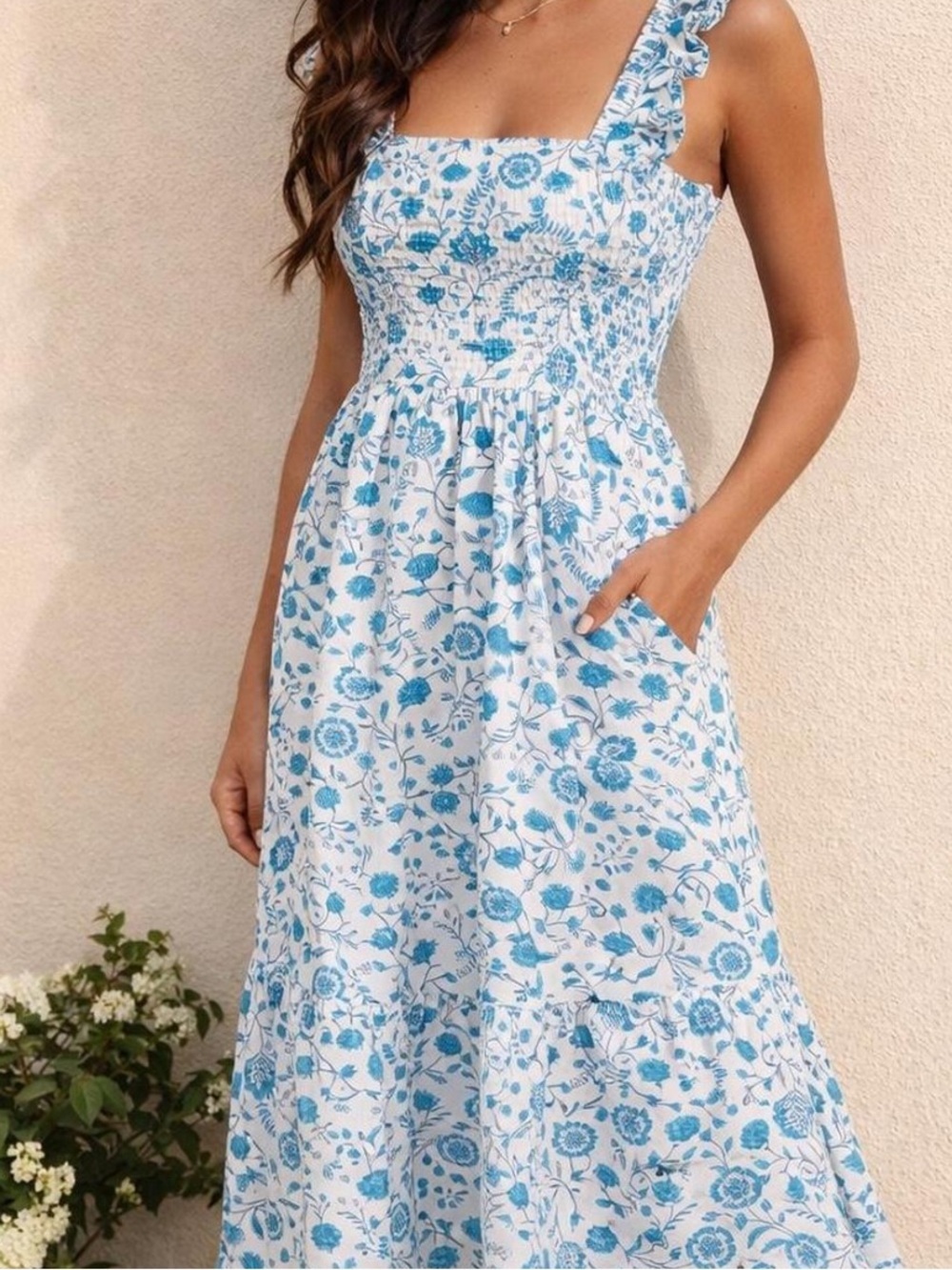 Draper James Cotton Midi Dress with Aqua Floral Toile Pattern